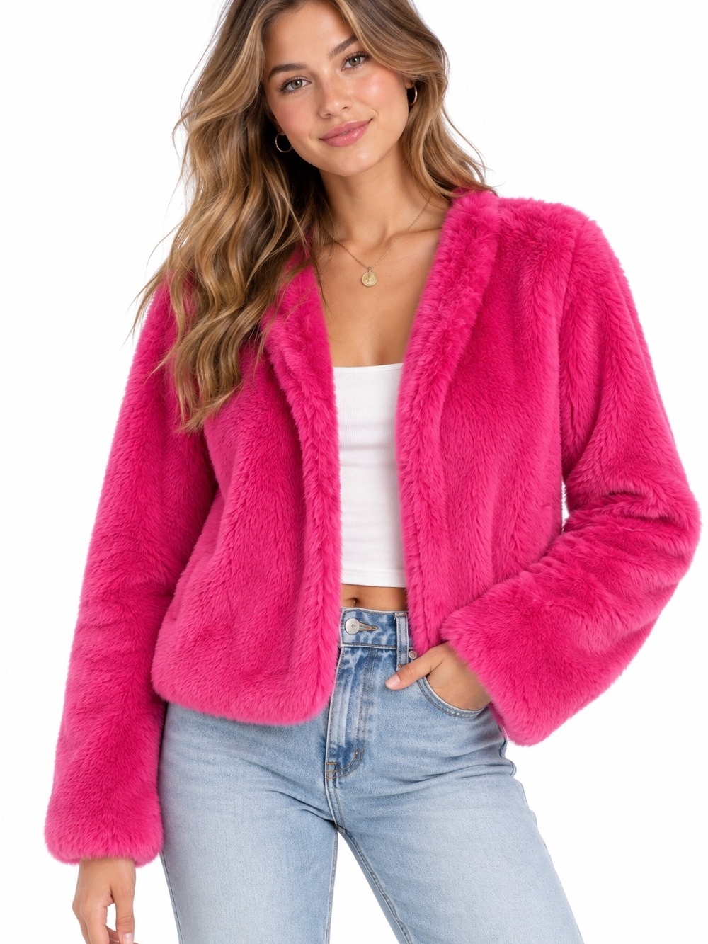 wild fable Plush Faux Fur Jacket in Hot Pink